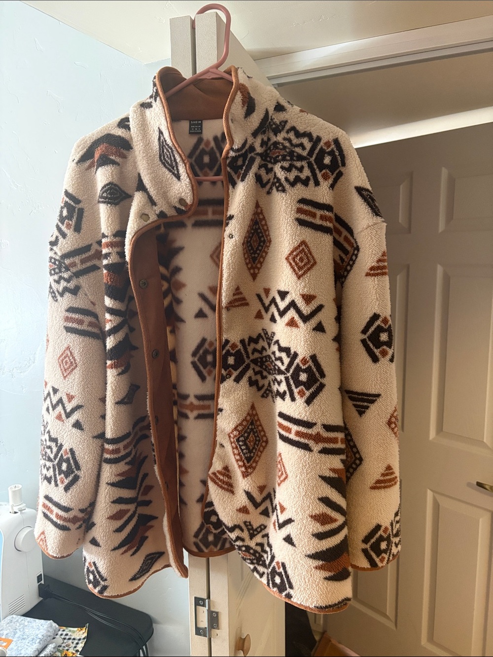 SHEIN Cream Aztec-Print Teddy Fleece Jacket with Brown Accents